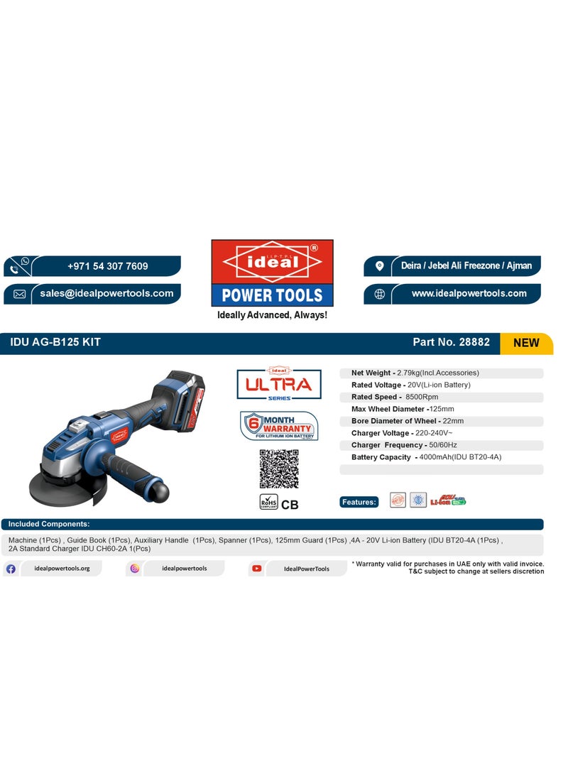 Ideal Power Tools - IDU AG-B125 BRUSHLESS CORDLESS ANGLE GRINDER MACHINE KIT - Image 1