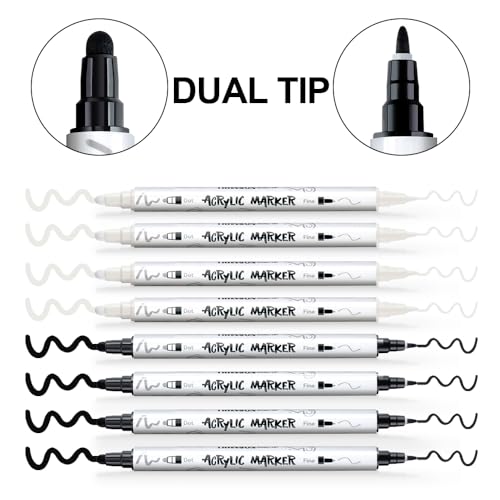 TRANSON 4 Black and 4 White Paint Markers Bold and Fine Dual-tip Acrylic Paint Marker Set for Rock Painting Glass Canvas Wood Leather Ceramic Painting - Image 4