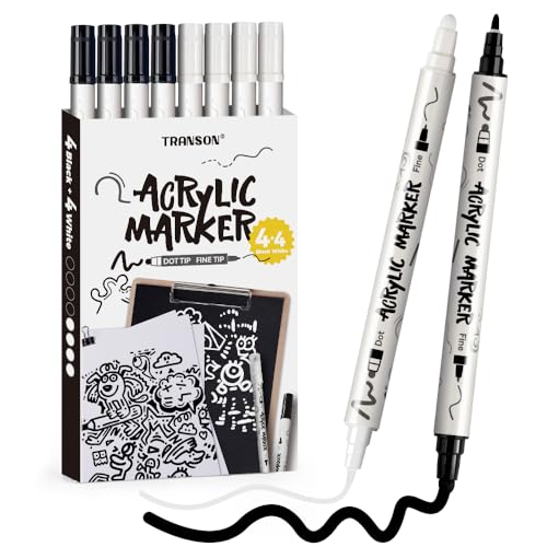 TRANSON 4 Black and 4 White Paint Markers Bold and Fine Dual-tip Acrylic Paint Marker Set for Rock Painting Glass Canvas Wood Leather Ceramic Painting - Image 1