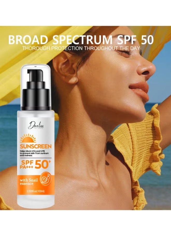 دانليس واقي شمس للوجه SPF 50+ PA+++ مع خلاصة الحلزون، حماية عالية من الأشعة فوق البنفسجية UVA وUVB، كريم واقي شمس مرطب خفيف غير دهني للاستخدام اليومي للنساء والرجال، 100 مل - Image 3