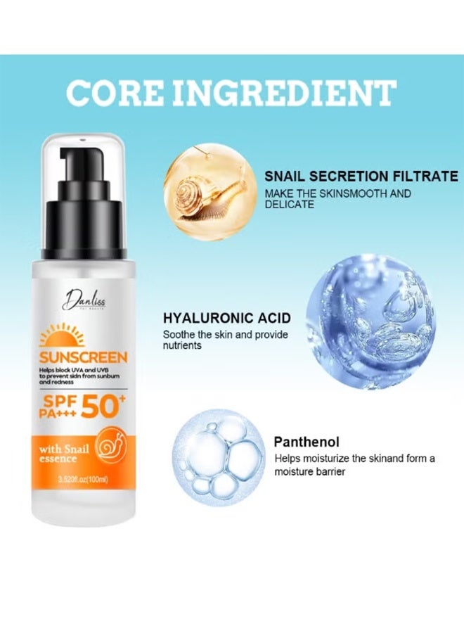 دانليس واقي شمس للوجه SPF 50+ PA+++ مع خلاصة الحلزون، حماية عالية من الأشعة فوق البنفسجية UVA وUVB، كريم واقي شمس مرطب خفيف غير دهني للاستخدام اليومي للنساء والرجال، 100 مل - Image 4