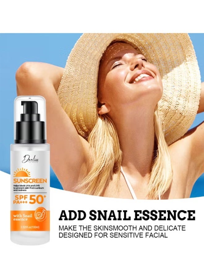 دانليس واقي شمس للوجه SPF 50+ PA+++ مع خلاصة الحلزون، حماية عالية من الأشعة فوق البنفسجية UVA وUVB، كريم واقي شمس مرطب خفيف غير دهني للاستخدام اليومي للنساء والرجال، 100 مل - Image 5