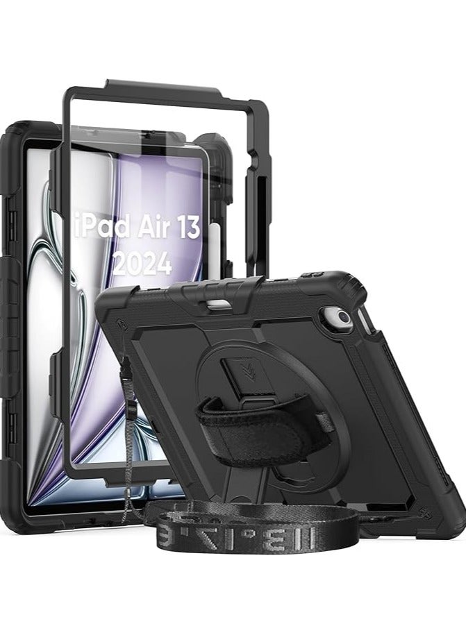 Green Tiger iPad Air 13 Inch Case Cover 2024 M2 with Screen Protector&Pen Holder | iPad Air 13 Case For Kids A2898 A2899 | Heavy Duty Shockproof Rugged Protective Case W/Handle Strap Sholuder Strap | Black - Image 1