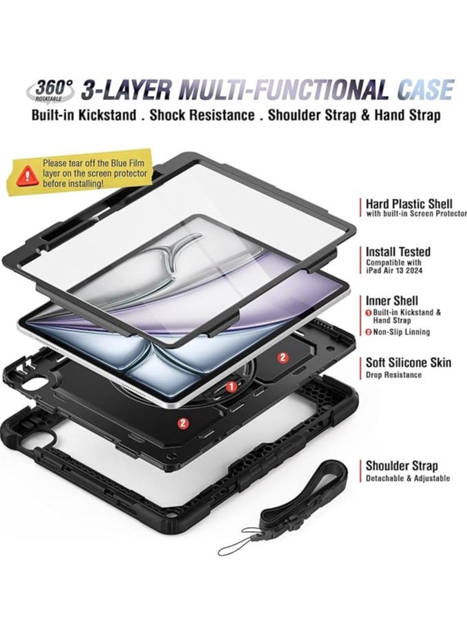 Green Tiger iPad Air 13 Inch Case Cover 2024 M2 with Screen Protector&Pen Holder | iPad Air 13 Case For Kids A2898 A2899 | Heavy Duty Shockproof Rugged Protective Case W/Handle Strap Sholuder Strap | Black - Image 2