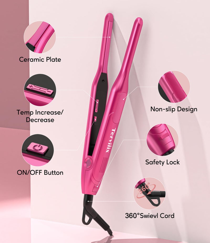 Terviiix Mini Flat Iron and Hair Straightener for Short Hair, Edges, and Pixie Cut - 3/10 Inch Skinny Pencil Straightener for Black Women's Baby Hair, LCD Digital Display, Dual Voltage, Pink - Image 5