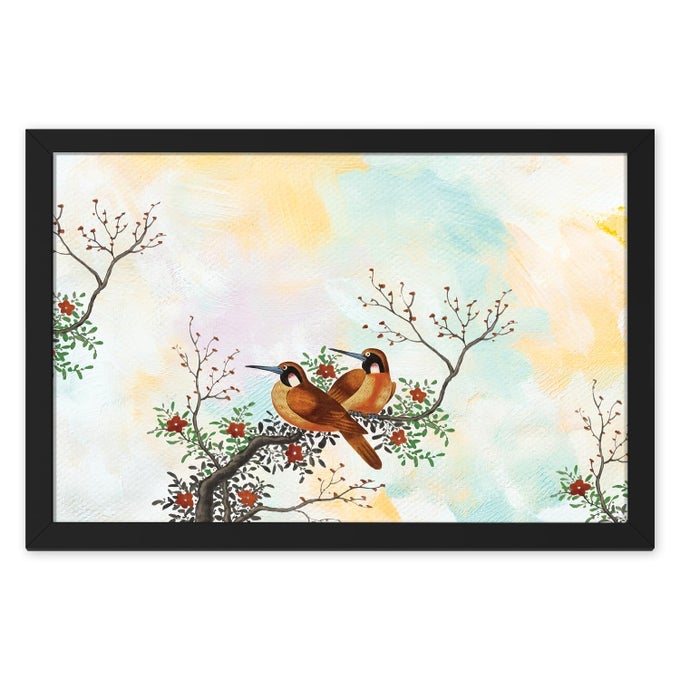 RITWIKAS TWO SPARROW BIRDS SITTING ON A BRANCH PAINTING WITH BLACK PHOTO FRAME FOR INTERIOR DESIGN AND WALL DECORATION MULTICOLORED 135 X 95 INCH SET OF 1