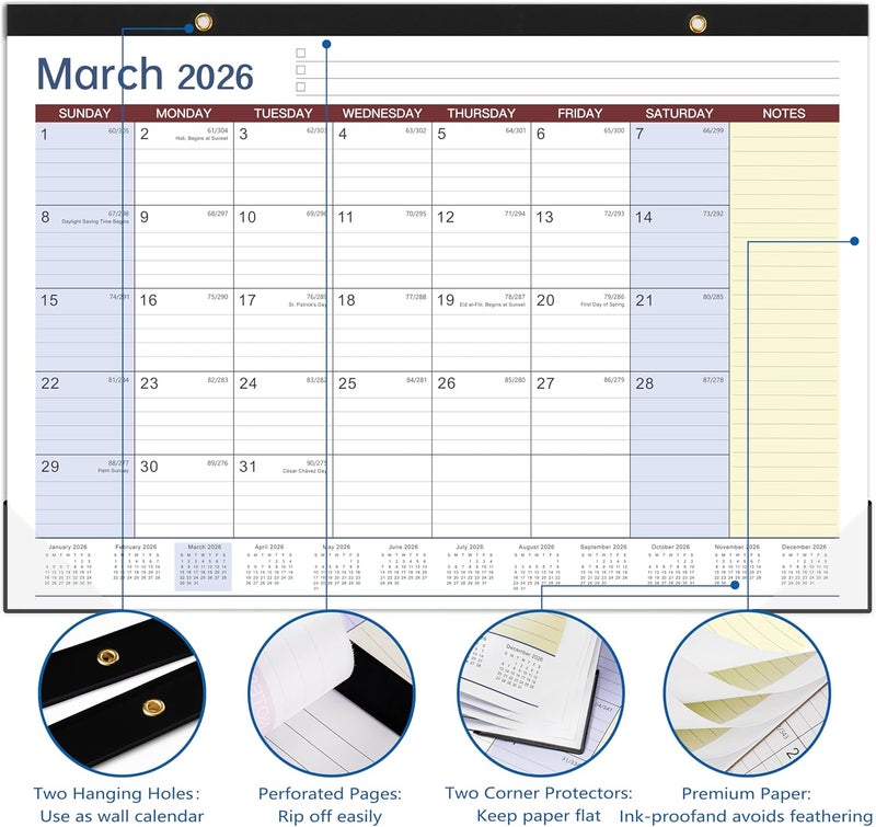 Tersus 2026 Desk Calendar - Large Desk Calendar 2026, JAN 2026 - DEC 2026, Desk Pad Calendar, 17" x 12" Desk/Wall Calendar 2-in-1 with Notes, Corner Protector, Blocks - Image 5