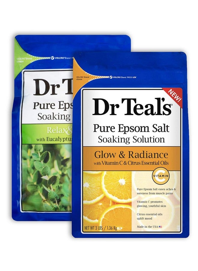 Dr Teal's Pure Epsom Salt Bath Variety Gift Set (2 Pack 3Lb Ea.)Relax & Relief Eucalyptus & Spearmint Glow & Radiance Vitamin C & Citrusessential Oils Soothe The Mind Alleviated Daily Stress  - Image 1