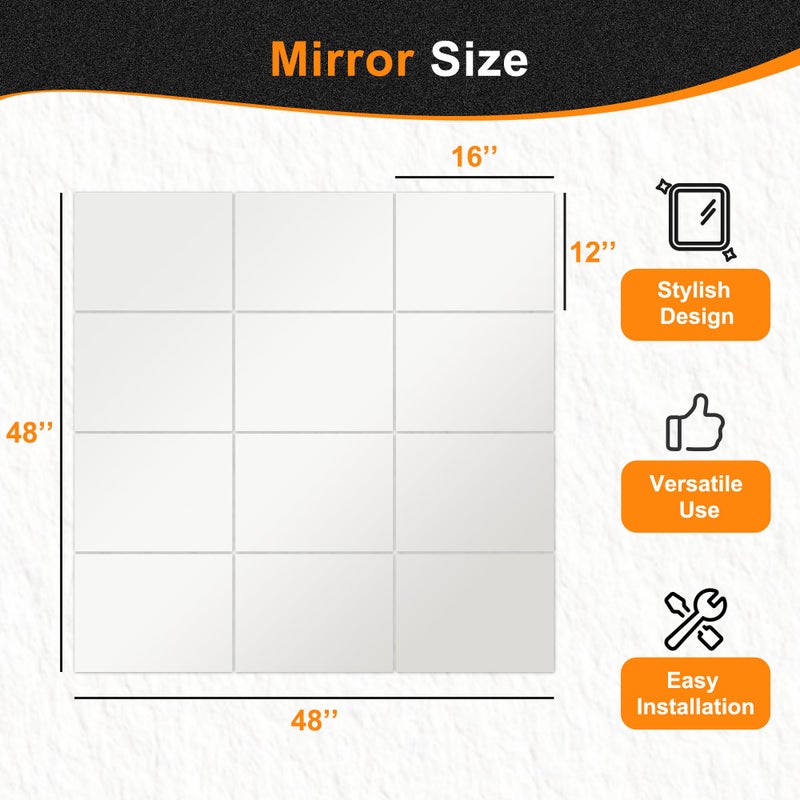 Delma Frameless Mirror Tiles 16"x12"x12 Pcs Wall Mounted, Shatter Resistant Full Length Tempered Glass Panels for Home Gym Bathroom Bedroom & Living Room Decor - Image 3
