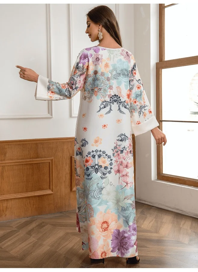 Madam Uniq Elegant Printed Kaftan - Style Dress, Floral Pattern & Long Sleeves, Ethnic - Inspired Gown