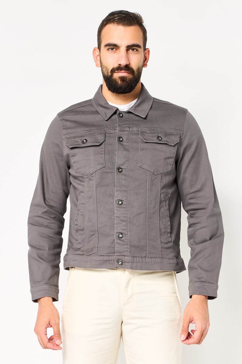 Threadbare Men Plain Denim Jacket, Dark Grey - Image 1