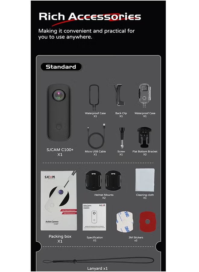 أس جي كام SJCAM C100+ Small Action Camera, 4K 30FPS Waterproof Sports Video WiFi 15MP , mini Camera with Wearable Accessories for Travel, Sports, Vlog , hidden spy camera,Rechargeable,built-in magnetic strip  - Image 4