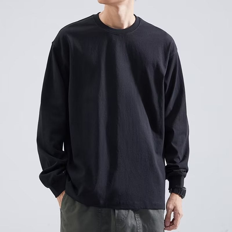 Heavy Long-Sleeved T-Shirt Men'S Solid Color Loose Casual Sweater Round Neck White Undershirt Men'S - Image 4