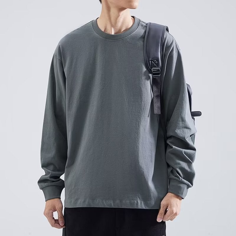 Heavy Long-Sleeved T-Shirt Men'S Solid Color Loose Casual Sweater Round Neck White Undershirt Men'S - Image 5
