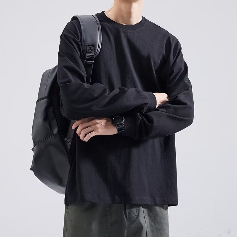 Heavy Long-Sleeved T-Shirt Men'S Solid Color Loose Casual Sweater Round Neck White Undershirt Men'S - Image 1