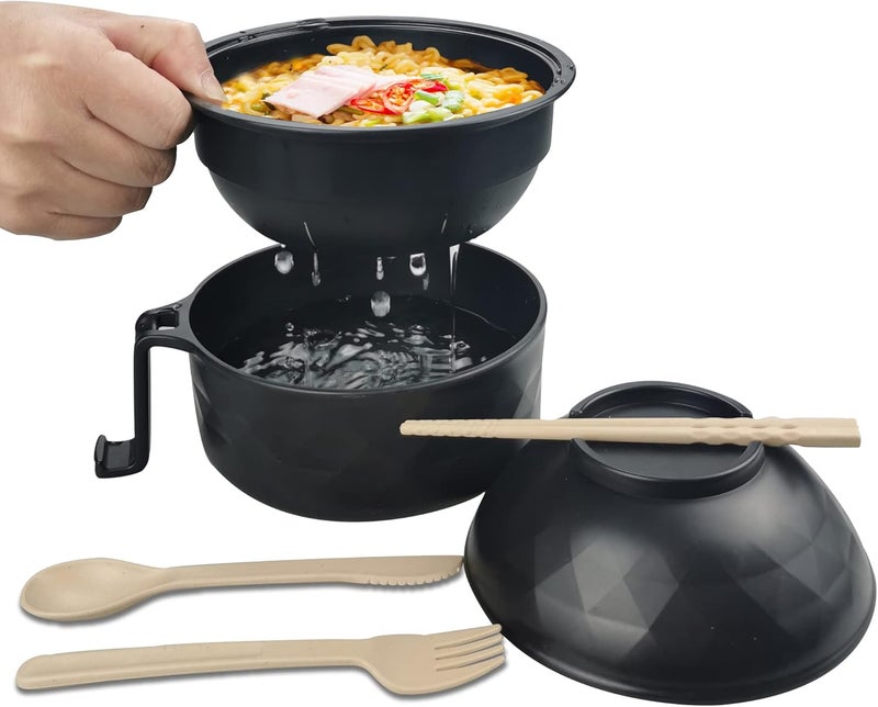 Layron Ramen Cooker Ramen Bowl Set with Chopsticks 33oz Microwave Noodle Bowl College Dorm Room Essentials for Girls for Boys Apartment Essentials-Black - Image 1