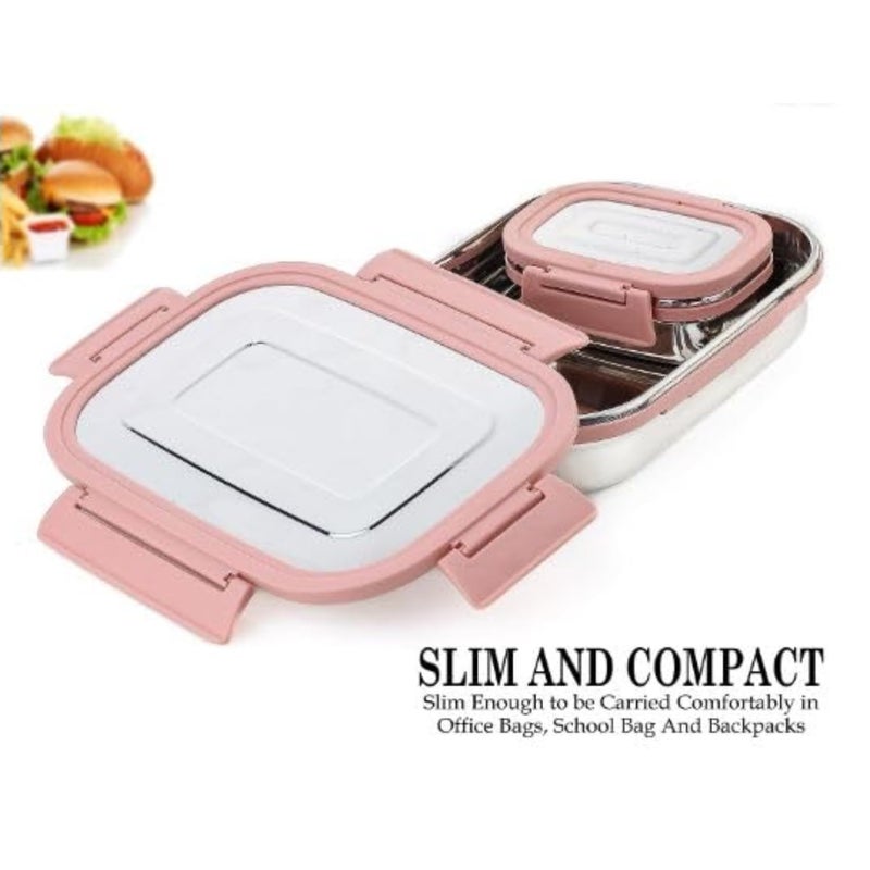 BLLUEX Stainless Steel Tiffin Lunch Box with 4 Side Silicone Sleeve Clip Lock Lid, Food Storage Containers, Leak-Proof Bento Box Ideal for Work, School & Travel, 2 Containers (750ml and 250ml) - Pink  - Image 4