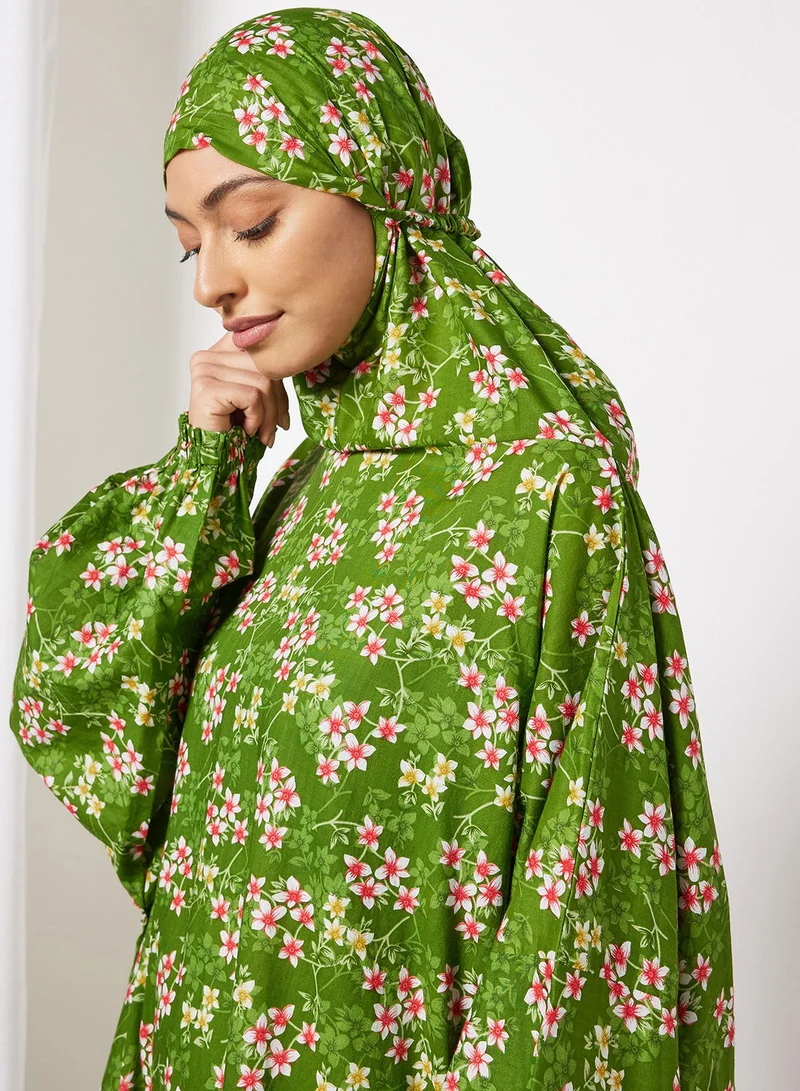 Hayat Praying Dress With Floral Prints And Attached Veil
