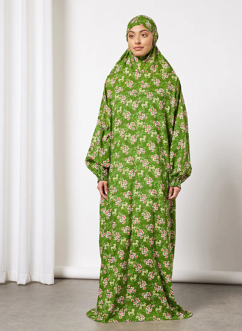 Hayat Praying Dress With Floral Prints And Attached Veil