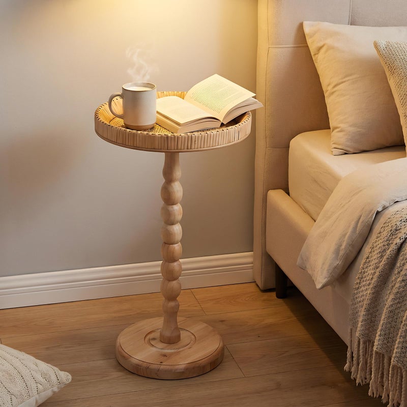 SUJUN Boho Rattan Round Side Table - Small Pedestal Table for Living Room, Bedroom, or Office - Compact End Table with Solid Wood Legs - Modern Coffee Table for Small Spaces, Corners, & Plant Stand - Image 1