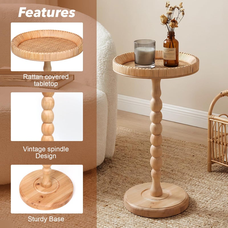 SUJUN Boho Rattan Round Side Table - Small Pedestal Table for Living Room, Bedroom, or Office - Compact End Table with Solid Wood Legs - Modern Coffee Table for Small Spaces, Corners, & Plant Stand - Image 3