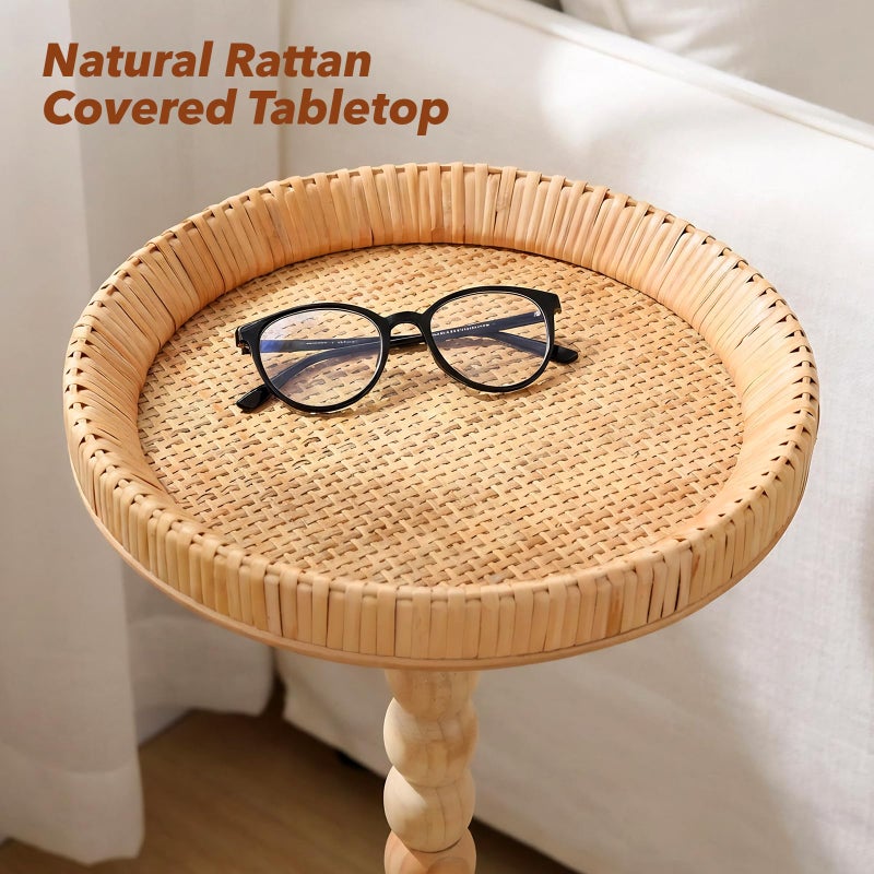 SUJUN Boho Rattan Round Side Table - Small Pedestal Table for Living Room, Bedroom, or Office - Compact End Table with Solid Wood Legs - Modern Coffee Table for Small Spaces, Corners, & Plant Stand - Image 4