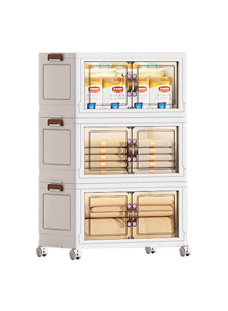 Ollieroo خزانة تخزين بلاستيكية قابلة للطي بثلاثة مستويات مع عجلات – منظم PP بأبواب مغناطيسية شفافة، تصميم قابل للتكديس وتوفير المساحة للمطبخ أو غرفة النوم أو غرفة المعيشة، 55 × 35 × 93 سم - Image 1