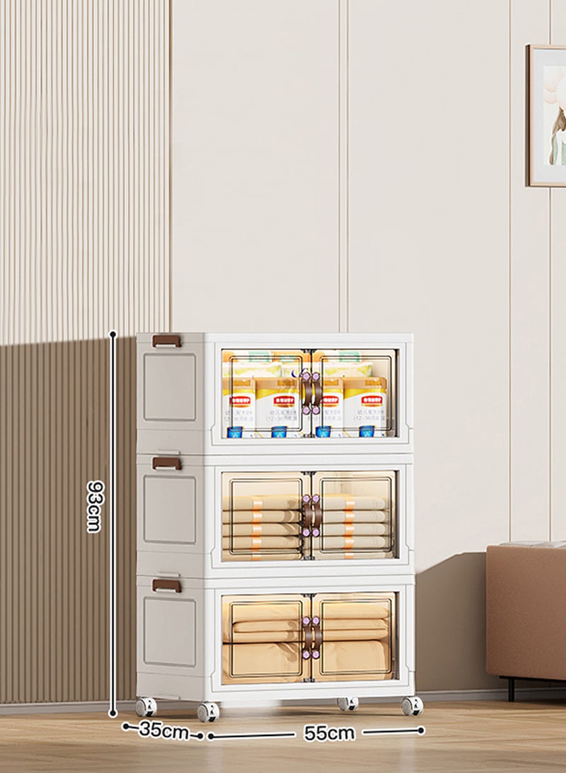 Ollieroo خزانة تخزين بلاستيكية قابلة للطي بثلاثة مستويات مع عجلات – منظم PP بأبواب مغناطيسية شفافة، تصميم قابل للتكديس وتوفير المساحة للمطبخ أو غرفة النوم أو غرفة المعيشة، 55 × 35 × 93 سم - Image 2
