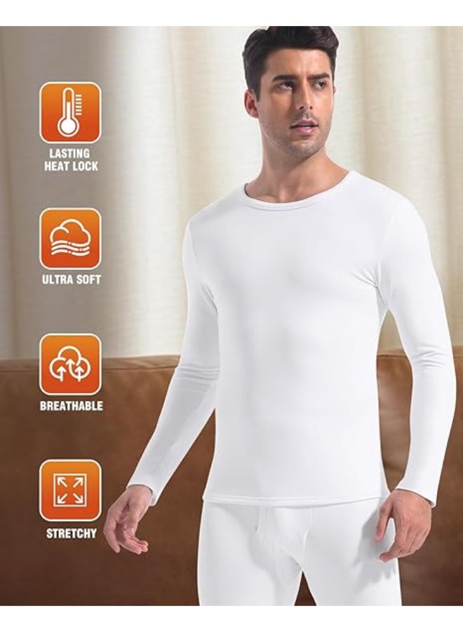 رات سو ملابس داخلية حرارية فائقة النعومة للرجال مكونة من قطعتين مع بطانة من الفليس، لون أبيض - Image 5