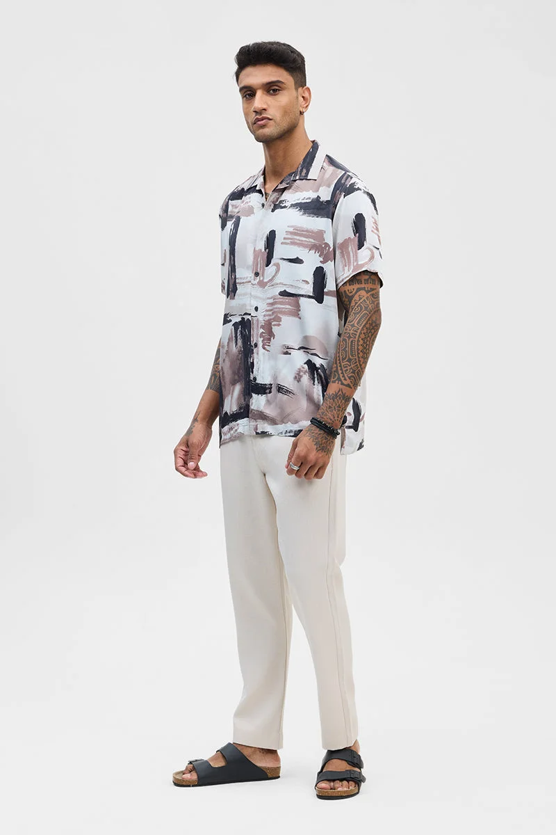 سنيتش White Abstract Half Sleeve Boxy Casual Shirt