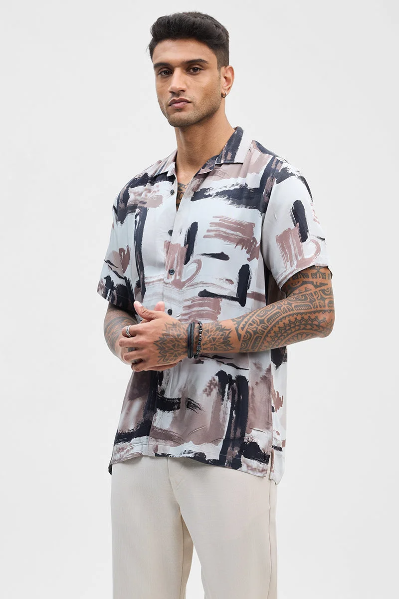 سنيتش White Abstract Half Sleeve Boxy Casual Shirt