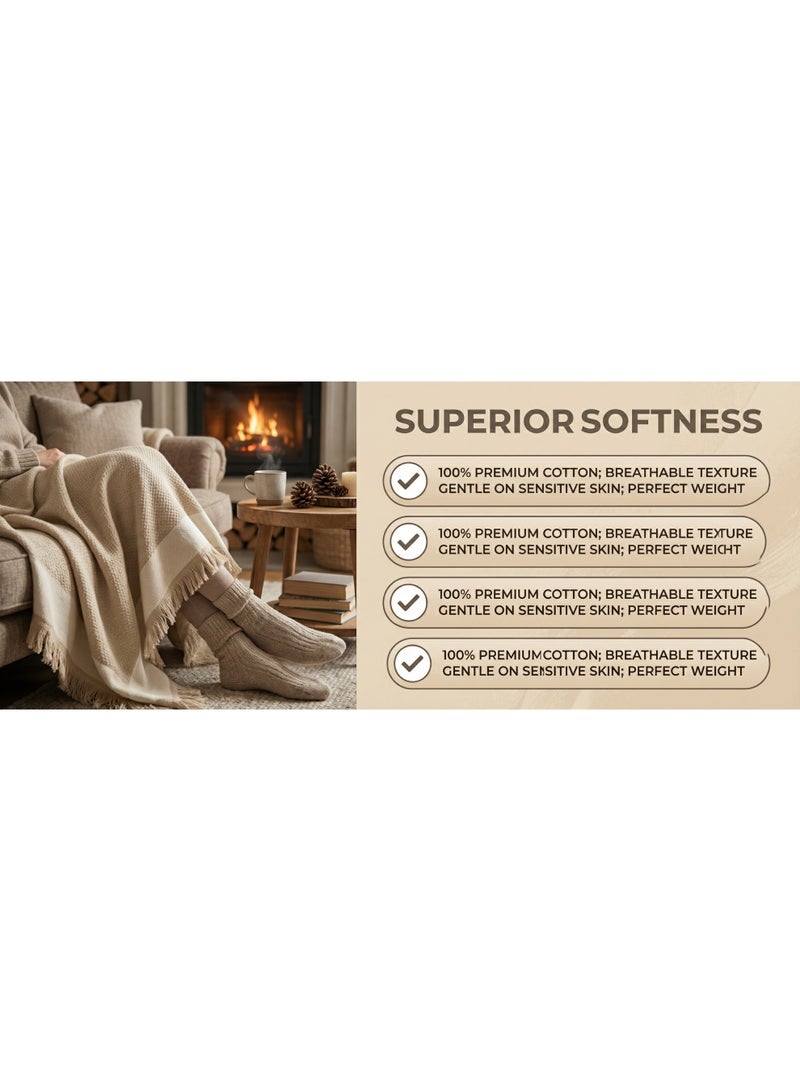 150x200cm Pure Cotton Blanket with Tassel Edges – Soft Breathable Throw for Sofa, Bed or Living Room – Nordic Style Home Decor - Image 3