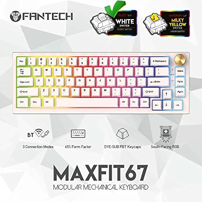 FANTECH MAXFIT67 3-MODE CUSTOM MECHANICAL GAMING KEYBOARD RGB BACKLIT, 65% (67-KEY) HOT SWAPPABLE BLUETOOTH/2.4G WIRELESS/TYPE-C WIRED SOUTH FACING KEYBOARD, KAILH WHITE SWITCH, OFF-WHITE - Image 2