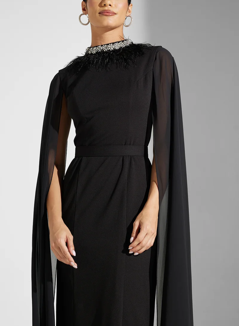 Akadia Fashion Cape Sleeved Column Dress