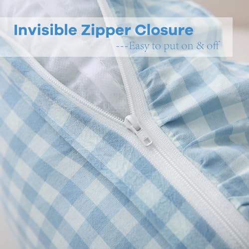 K MASANIJI 2 Pack Light Blue White Plaid Ruffle Gingham Throw Pillow Covers, 100% Washed Cotton Checkered Farmhouse Decorative Pillow Shams for Bed/Sofa - 18"x18" - Image 4