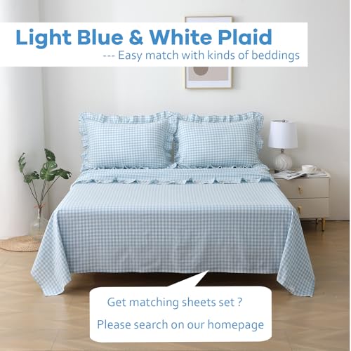 K MASANIJI 2 Pack Light Blue White Plaid Ruffle Gingham Throw Pillow Covers, 100% Washed Cotton Checkered Farmhouse Decorative Pillow Shams for Bed/Sofa - 18"x18" - Image 2