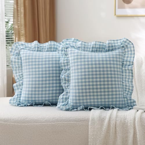 K MASANIJI 2 Pack Light Blue White Plaid Ruffle Gingham Throw Pillow Covers, 100% Washed Cotton Checkered Farmhouse Decorative Pillow Shams for Bed/Sofa - 18"x18" - Image 1