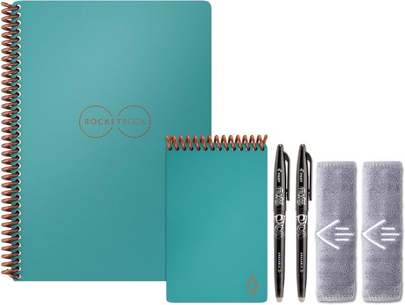 Rocketbook Smart Reusable Notebook Set - Dot-Grid Eco-Friendly Notebook with 2 Pilot Frixion Pens & 2 Microfiber Cloths Included - Light Blue Covers, Executive (6" x 8.8”) & Mini Size (3.5" x 5.5") - Image 1