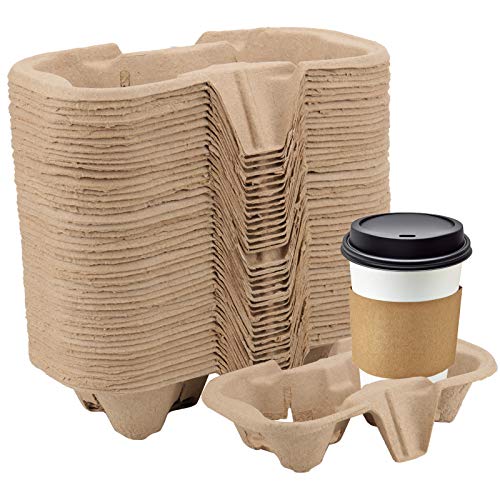 HOZEON 100 Pack 2-Cup Pulp Fiber Drink Carrier, to Go Coffee Cup Holder, Disposable Drink Carrier Tray for Hot or Cold Drinks, Coffee Shops, Takeaway Shops, Restaurants,Grocery Stores, Juice Bars - Image 1