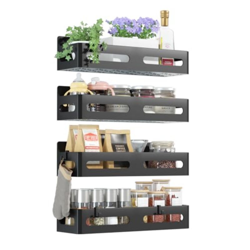 Strong Magnetic Spice Rack for Refrigerator, Multipurpose Magnetic Shelf for Fridge with 4 Hooks for Kitchen and Bathroom Organization - Image 1