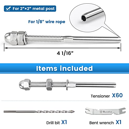 Muzata 60 Pack 1/8" Cable Railing Hardware Kit Hand Swage Threaded Stud Tensioner for 2x2 Metal Post T316 Stainless Steel Deck Cable Railing System CR23 - Image 2