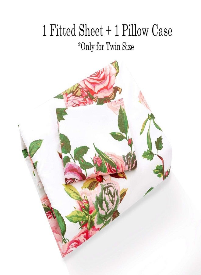 DaDa Bedding Romantic Roses Floral Fitted Bed Sheet w/Pillow Cases - Lovely Spring Pink Garden Botanical Bright Vibrant Colorful - Twin - 2-Pieces - Image 3