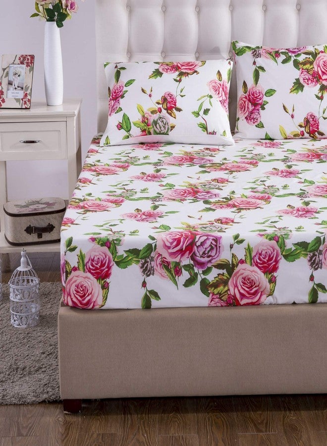 DaDa Bedding Romantic Roses Floral Fitted Bed Sheet w/Pillow Cases - Lovely Spring Pink Garden Botanical Bright Vibrant Colorful - Twin - 2-Pieces - Image 1