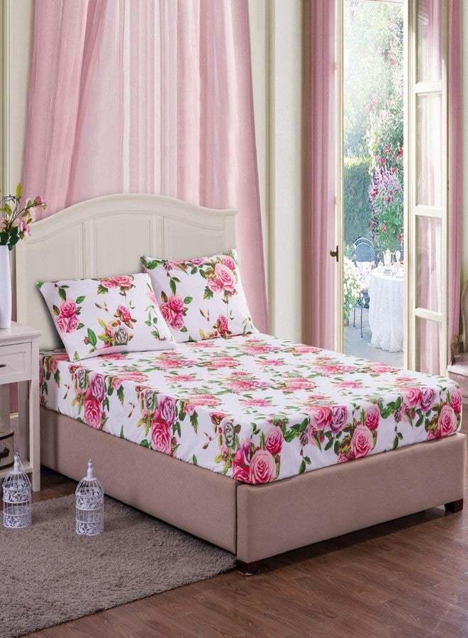 DaDa Bedding Romantic Roses Floral Fitted Bed Sheet w/Pillow Cases - Lovely Spring Pink Garden Botanical Bright Vibrant Colorful - Twin - 2-Pieces - Image 2