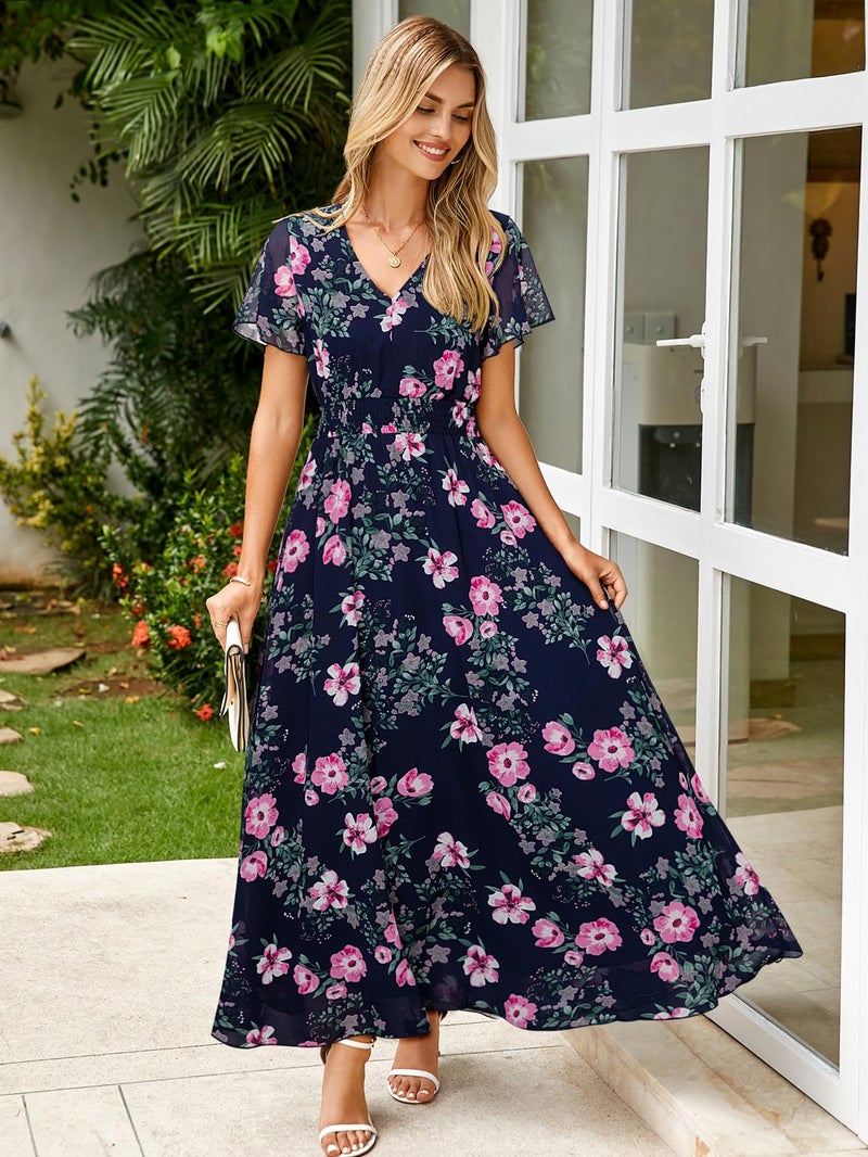 Simplee Apparel Simplee Womens Floral Maxi Dress - Short Sleeve Summer Boho Wedding Guest Dress Empire Waist Chiffon Modest Midi Dresses Navy Blue,L - Image 4