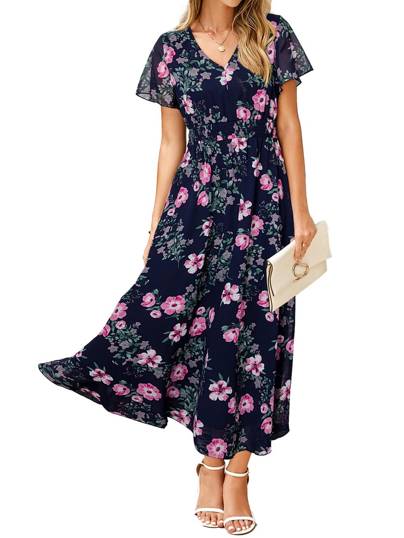 Simplee Apparel Simplee Womens Floral Maxi Dress - Short Sleeve Summer Boho Wedding Guest Dress Empire Waist Chiffon Modest Midi Dresses Navy Blue,L - Image 1
