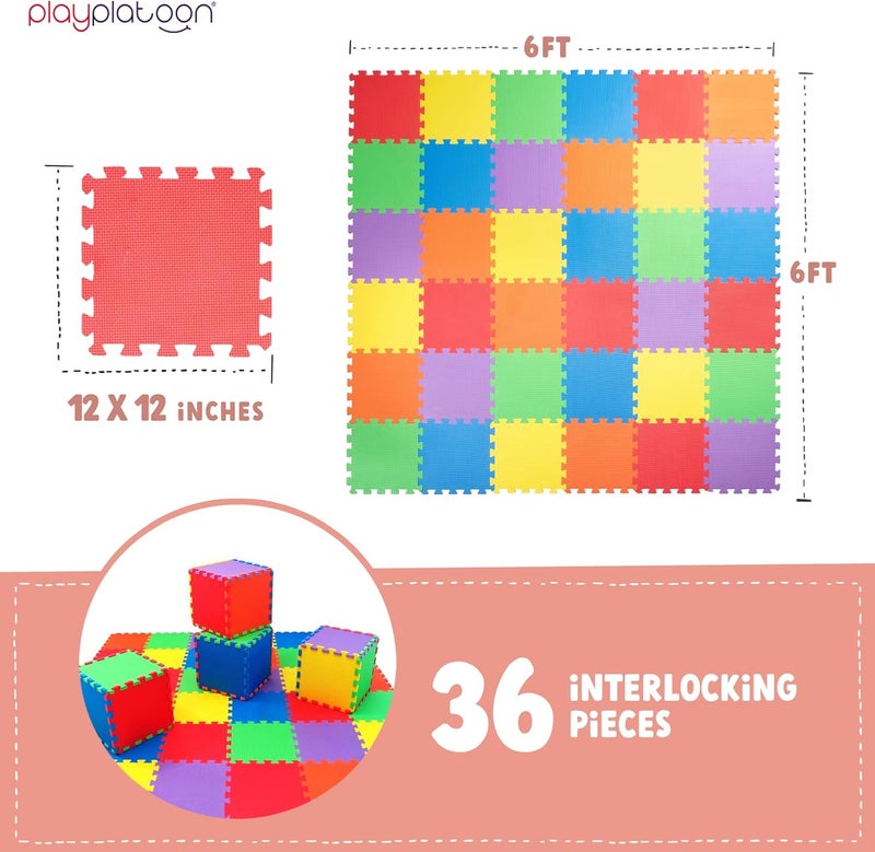 Play Platoon Non-Toxic Extra-Thick 36 Piece Children Play & Exercise Mat - Comfortable Cushiony Foam Floor Puzzle Mat, 6 Vibrant Colors for Kids & Toddlers - Image 2