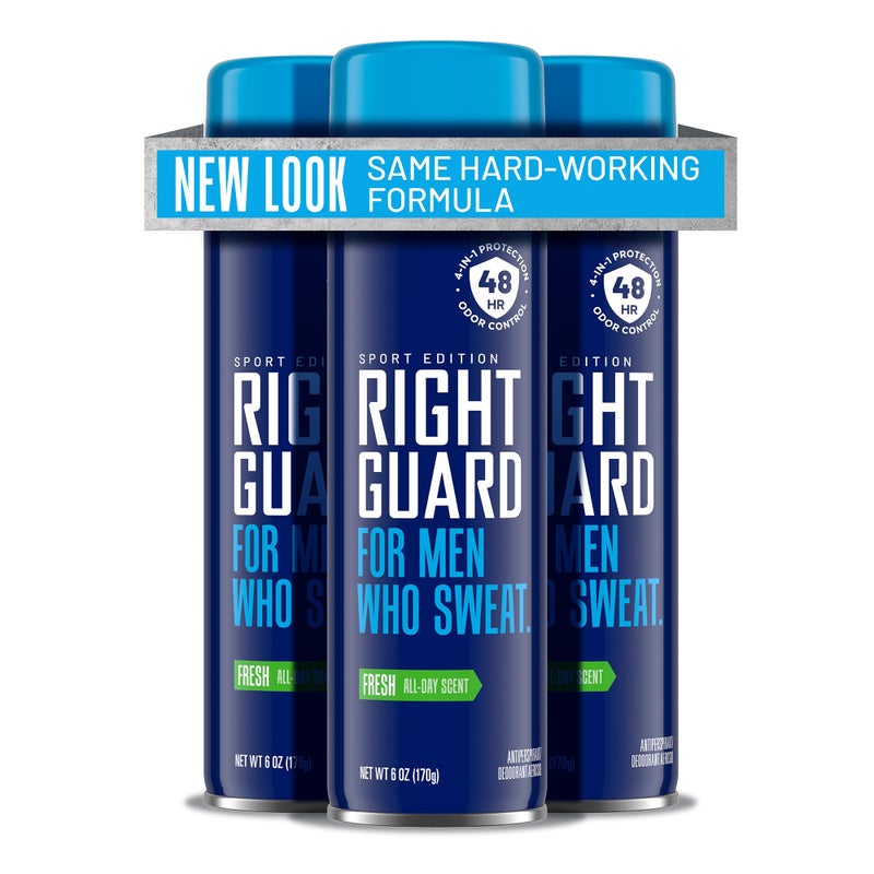 Right Guard سبراي مضاد للتعرق ومزيل عرق ريت غارد سبورت برائحة منعشة - سبراي مزيل عرق 4 في 1 للرجال، يمنع التعرق، حماية من الروائح لمدة 48 ساعة، سريع الجفاف، وطويل الأمد، 6 أونصات (3 عبوات) - Image 1