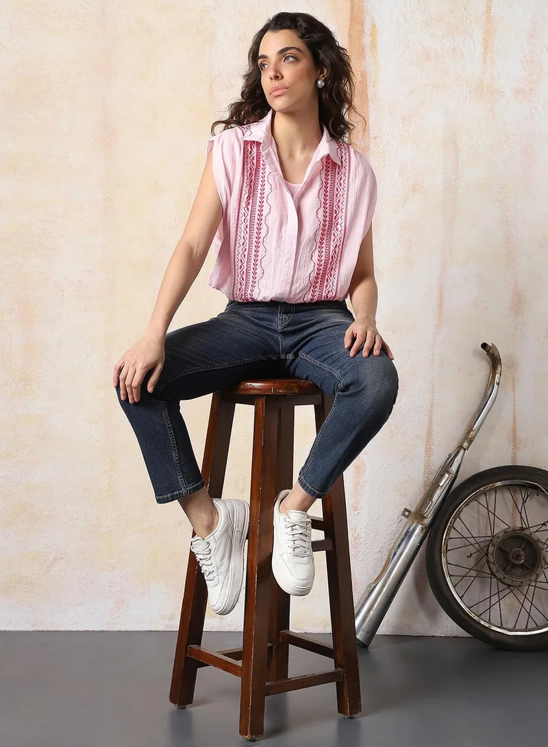 HIGH STAR Women Comfort Floral Opaque Embroidered extanded shoulder Casual Shirt