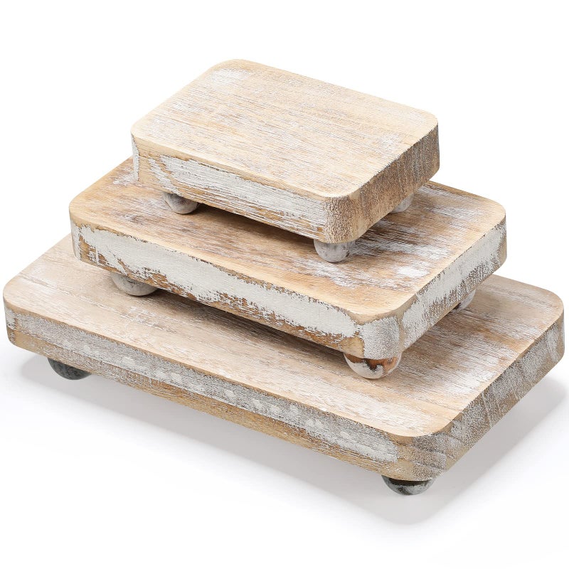 Maitys 3 Pcs Wooden Risers for Display Pedestal Stand Wooden for Decor Farmhouse Vintage Rustic Stackable Kitchen Stand Tray Riser 3 Sizes8 x 43 6 x 35 4 x 28 inWhite - Image 2